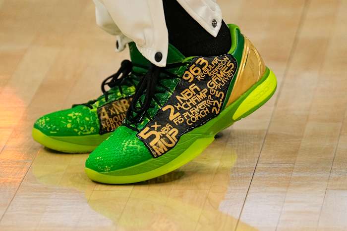 Boston Celtics guard Jaylen Brown's custom green Nike sneakers.
